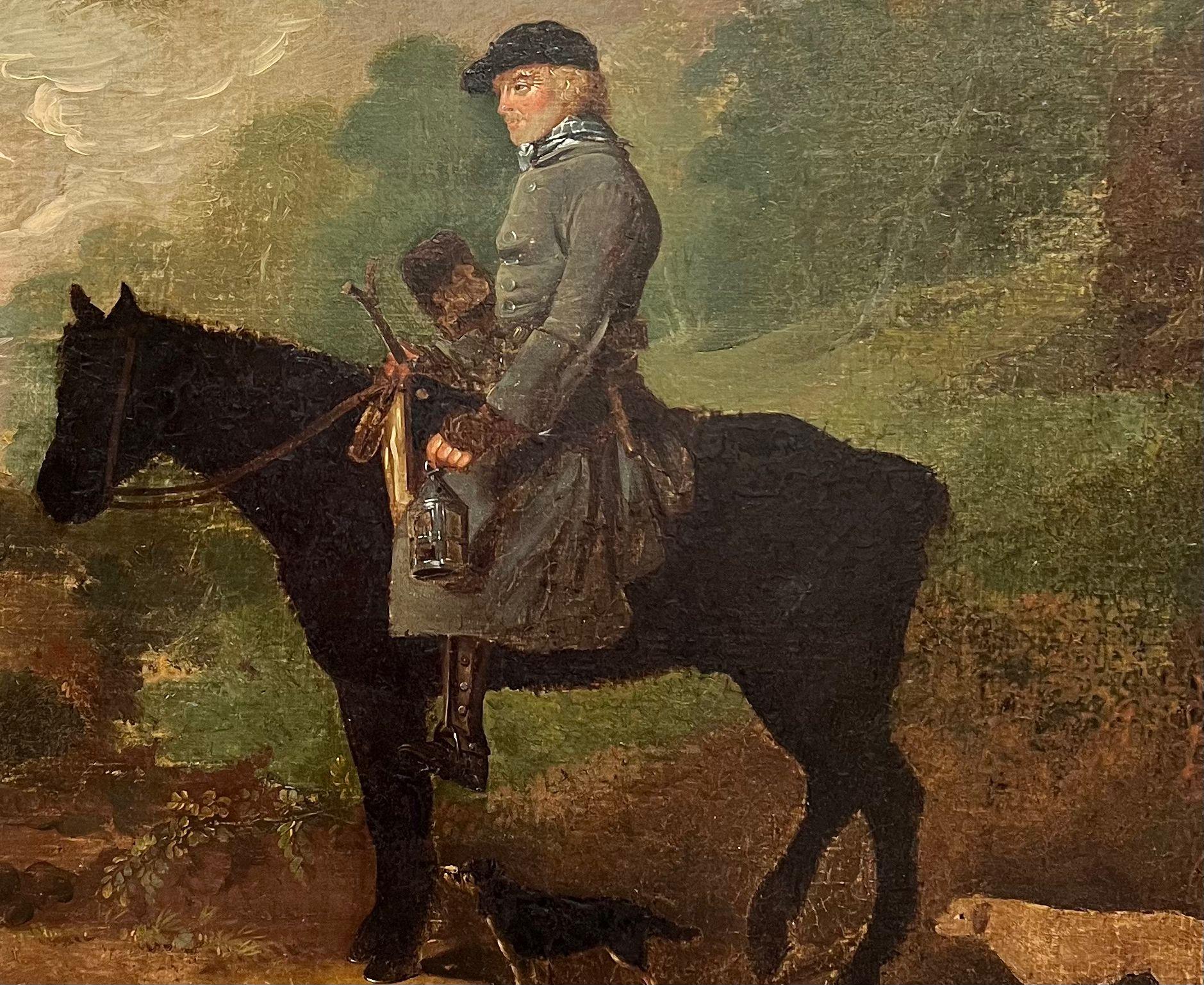 Großes englisches Sportgemälde des 18. Jahrhunderts, Landhausstil, Jagdpferd und Hunde – Painting von English 18th Century 
