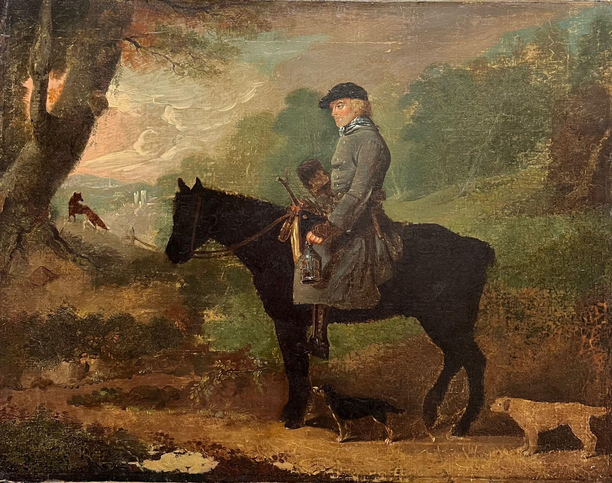 English 18th Century  Figurative Painting – Großes englisches Sportgemälde des 18. Jahrhunderts, Landhausstil, Jagdpferd und Hunde