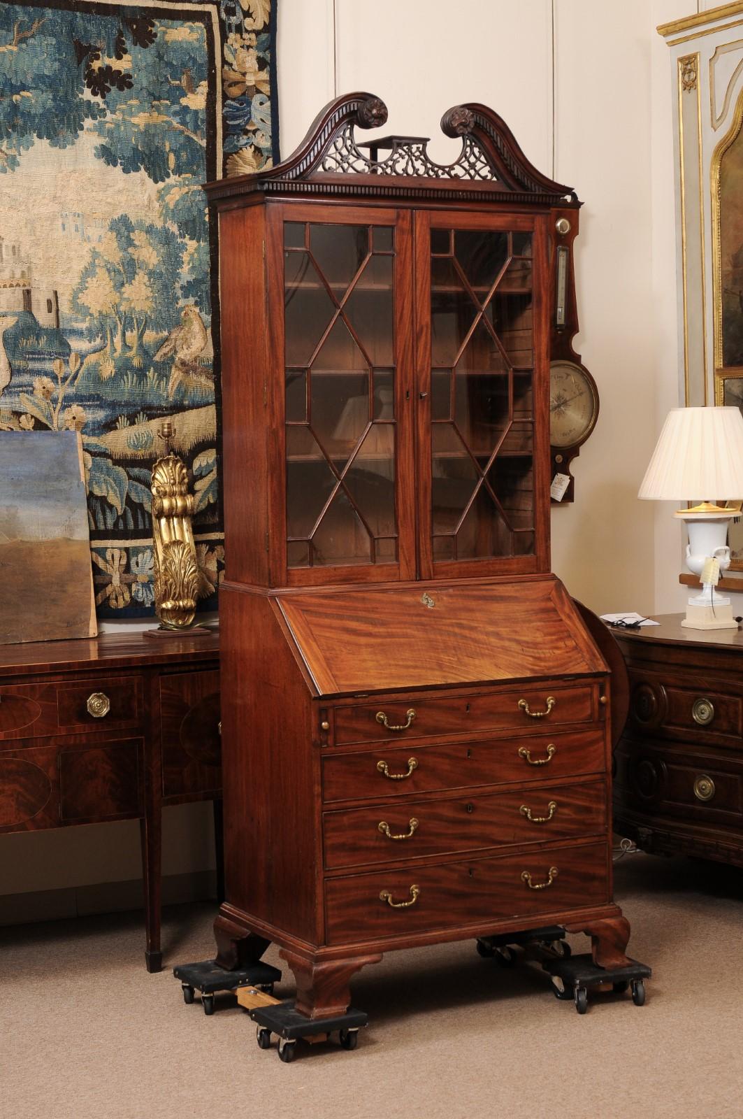 English 18th Century Georgian Mahogany Bureau Bookcase with Swan Neck Pediment and Ogee Feet