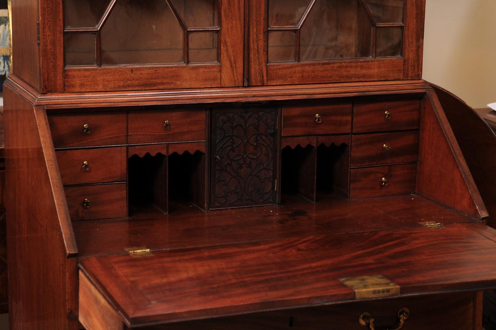 18th Century and Earlier English 18th Century Georgian Mahogany Bureau Bookcase with Swan Neck Pediment For Sale