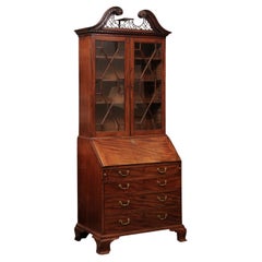 English 18th Century Georgian Mahogany Bureau Bookcase with Swan Neck Pediment