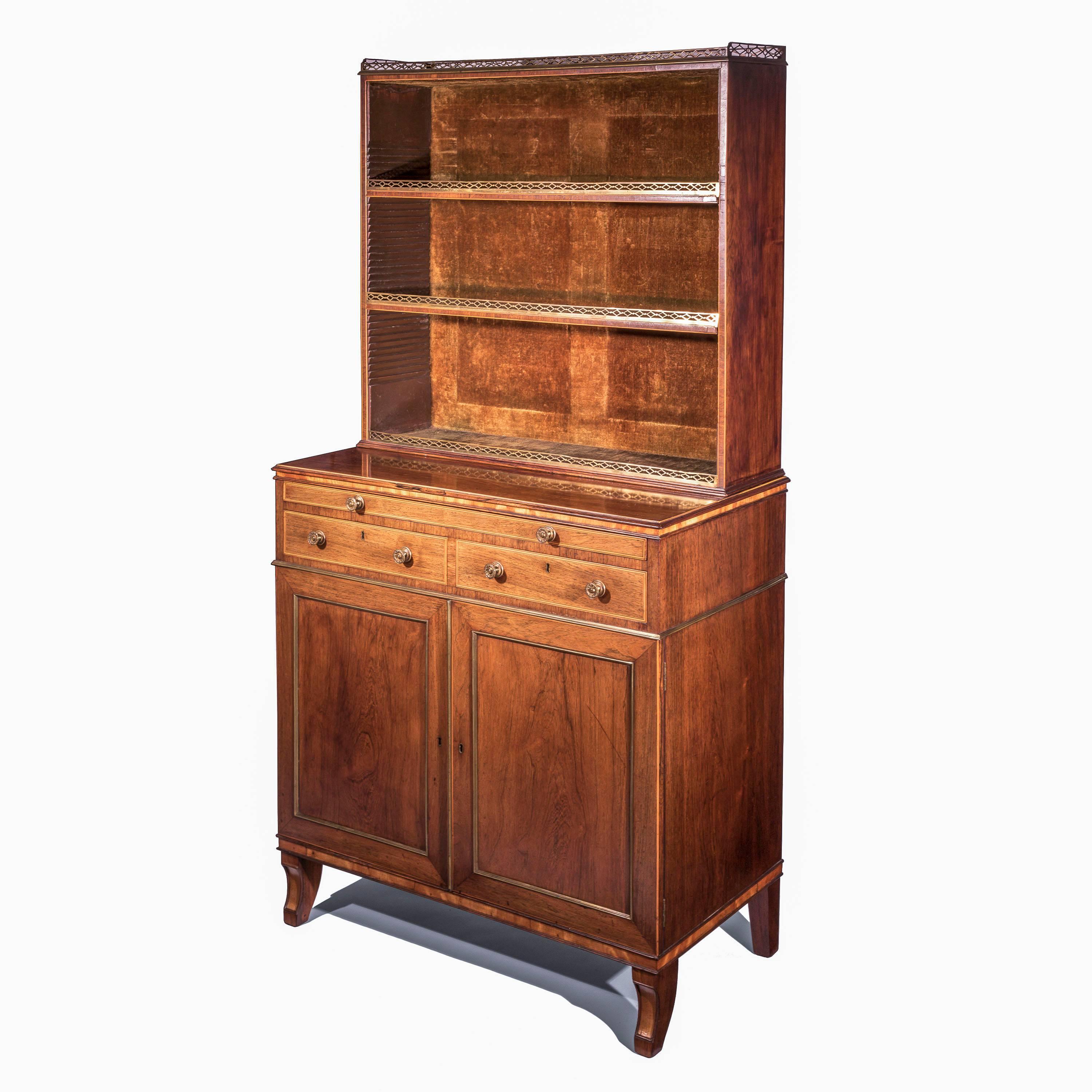 Very fine quality late George III - early Regency period secretaire bookcase cabinet or chiffonier, of particularly delightful petite proportions.

English, circa 1800.

The three-tier superstructure comprising adjustable, brass-galleried shelves,