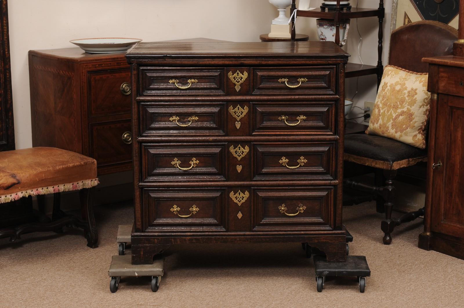 English 18th Century Jacobean Style Chest with 4 Drawers and Bracket Feet For Sale 8