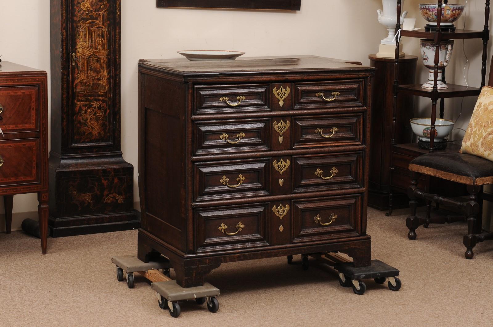 18th Century and Earlier English 18th Century Jacobean Style Chest with 4 Drawers and Bracket Feet For Sale
