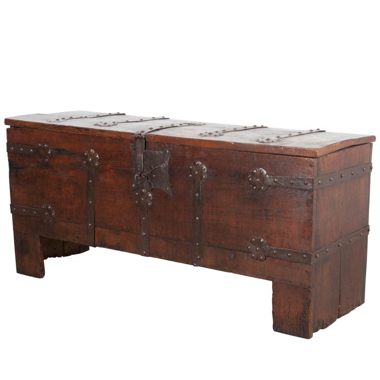 English 18th Century Oak and Iron Bound Trunk For Sale at 1stdibs