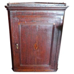 Used English 18th Century Oak Corner Wall Cabinet with Small Inlay and Two Shelves