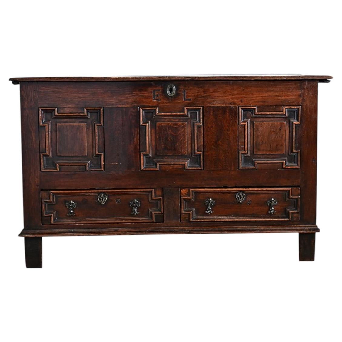 18th Century English Oak Mule Chest, Georgian Style, Hand-Carved