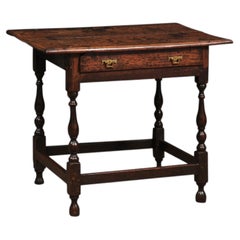 English 18th Century Oak Side Table with 1 Drawer, Turned Legs