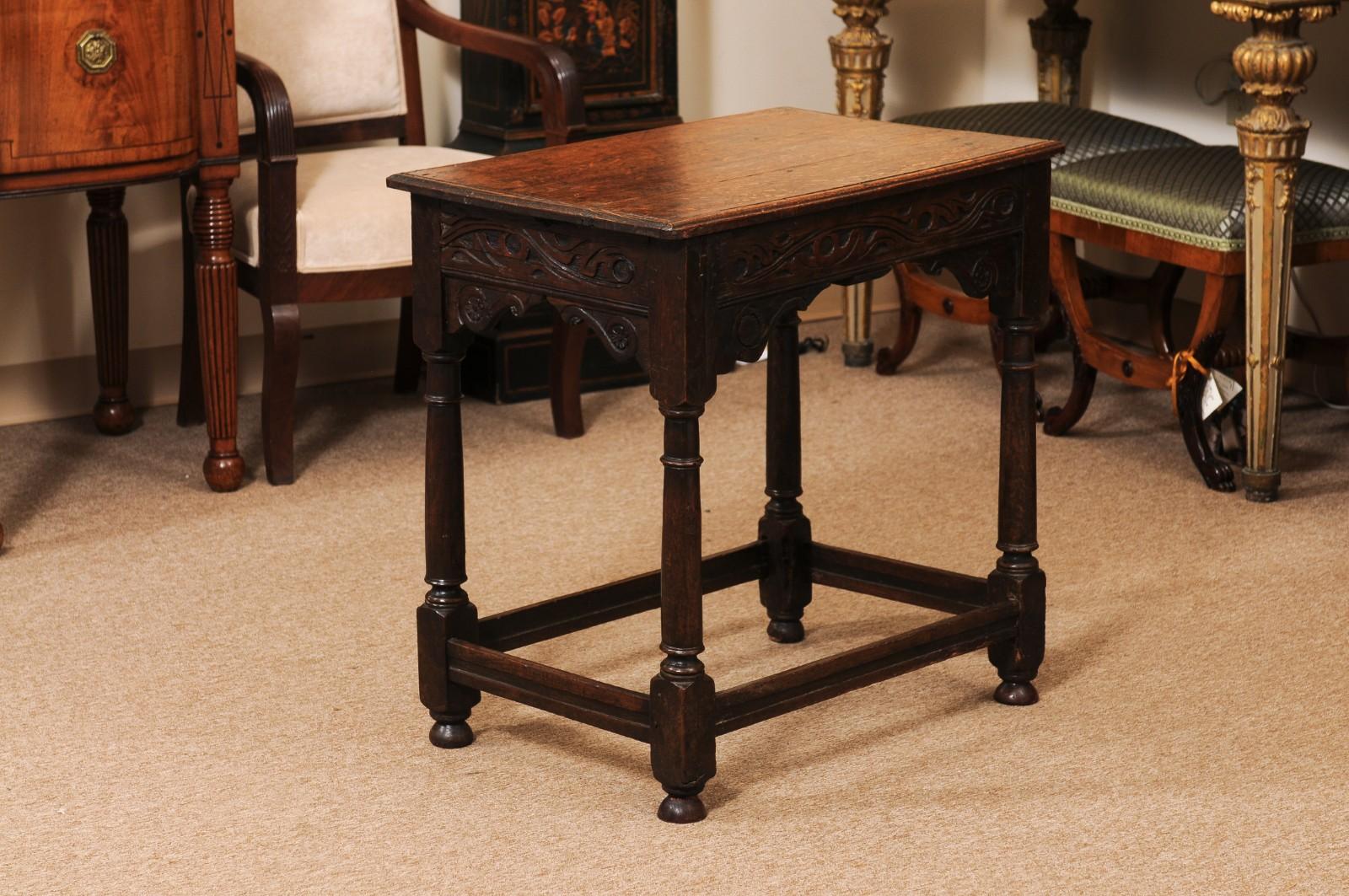 English 18th Century Oak Side Table with Carved detail, 2 Drawers and Box Stretc For Sale 6