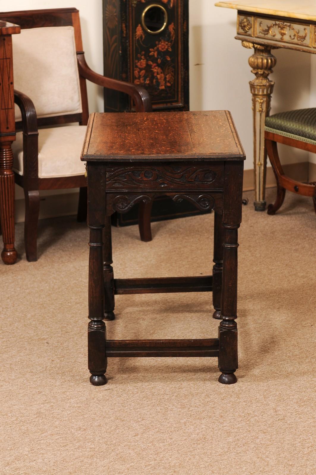 English 18th Century Oak Side Table with Carved detail, 2 Drawers and Box Stretc For Sale 7
