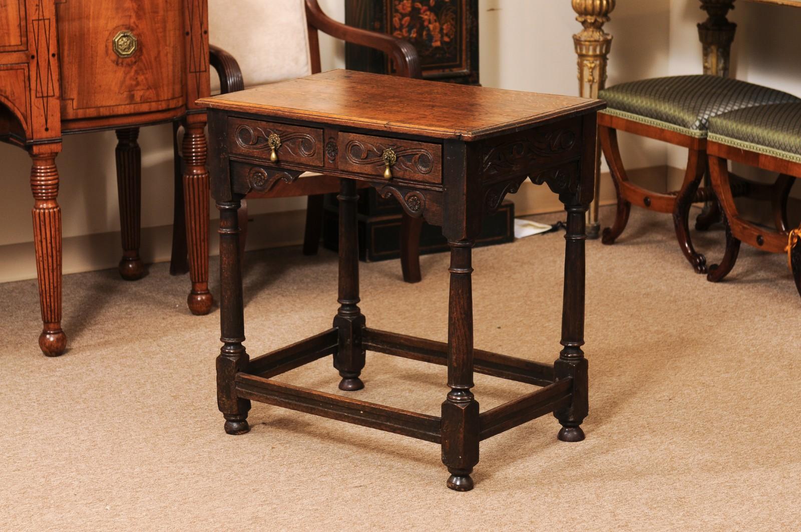English 18th Century Oak Side Table with Carved detail, 2 Drawers and Box Stretc For Sale 8