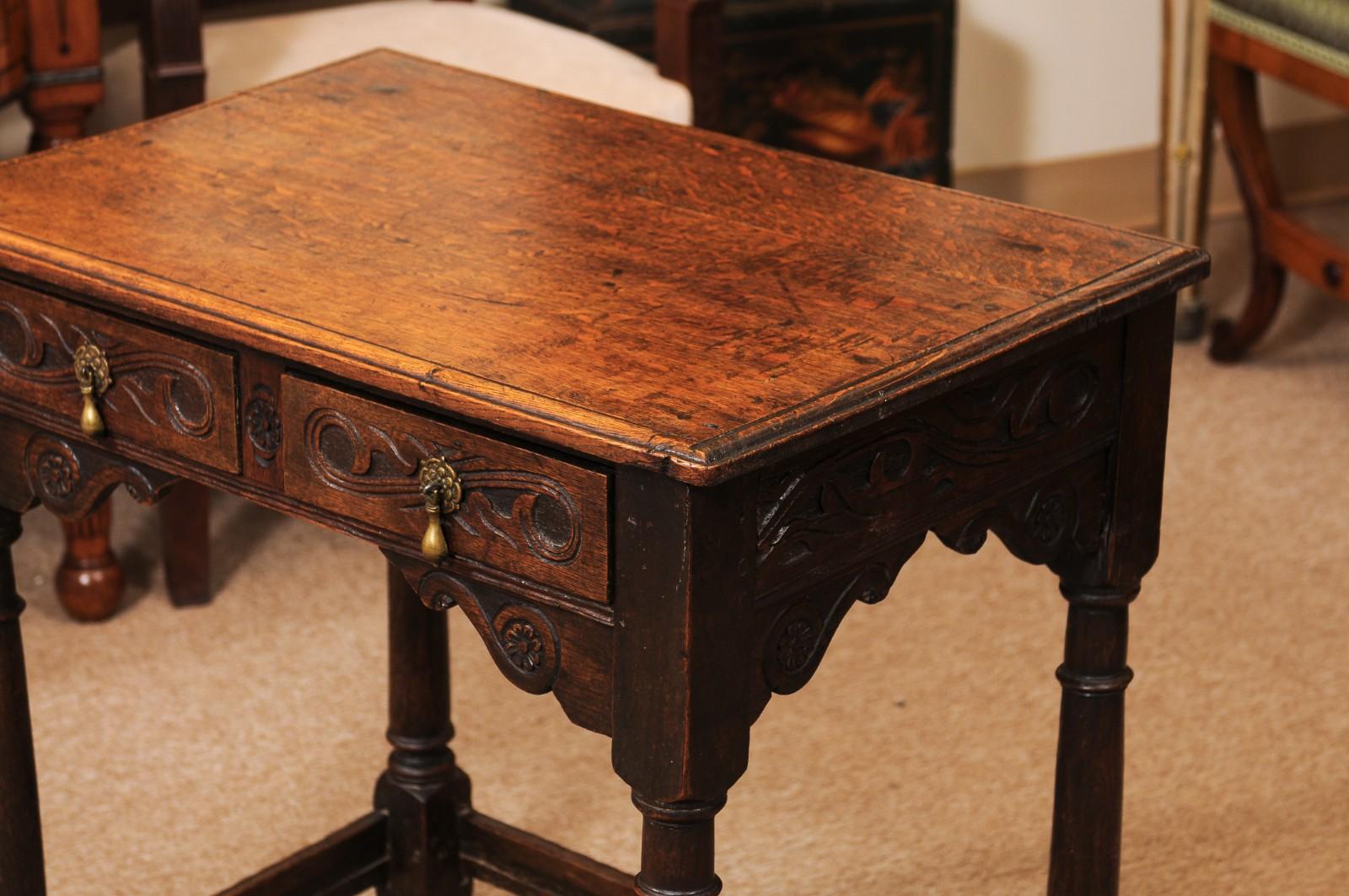 English 18th Century Oak Side Table with Carved detail, 2 Drawers and Box Stretc For Sale 9
