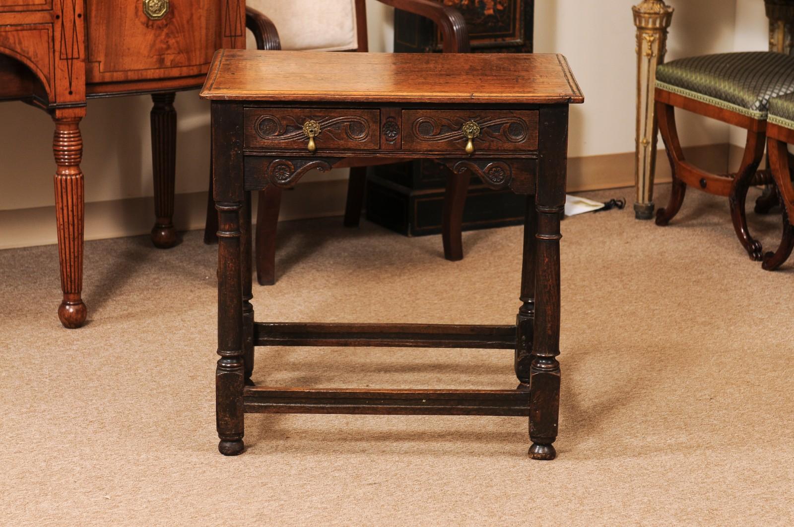 English 18th Century Oak Side Table with Carved detail, 2 Drawers and Box Stretc For Sale 10