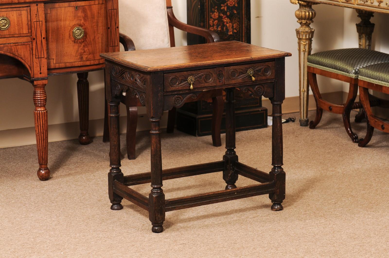 English 18th Century Oak Side Table with Carved detail, 2 Drawers and Box Stretcher