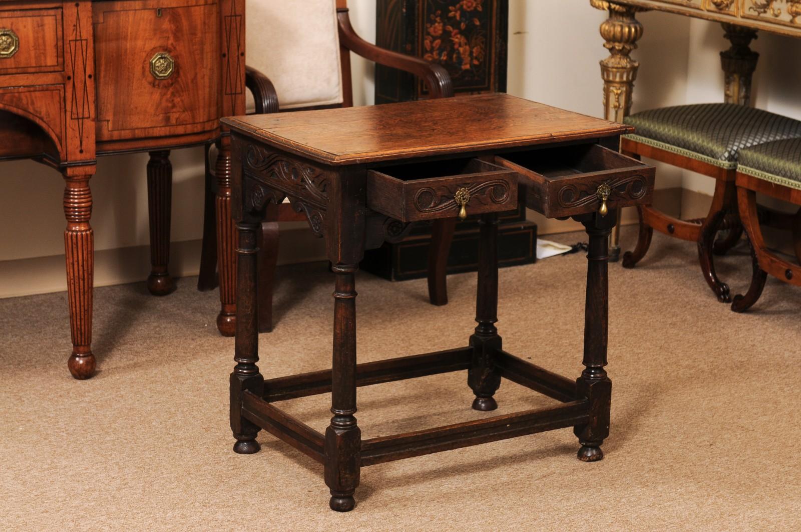 English 18th Century Oak Side Table with Carved detail, 2 Drawers and Box Stretc In Fair Condition For Sale In Atlanta, GA