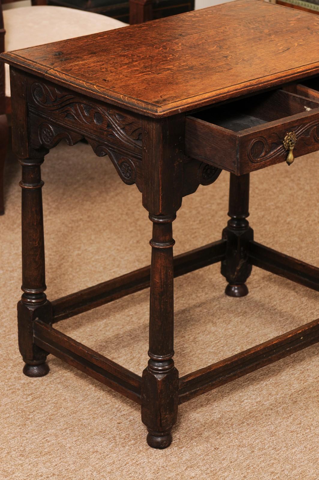 18th Century and Earlier English 18th Century Oak Side Table with Carved detail, 2 Drawers and Box Stretc For Sale