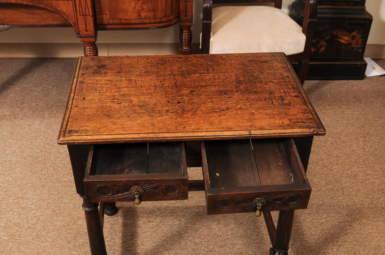 English 18th Century Oak Side Table with Carved detail, 2 Drawers and Box Stretc For Sale 1