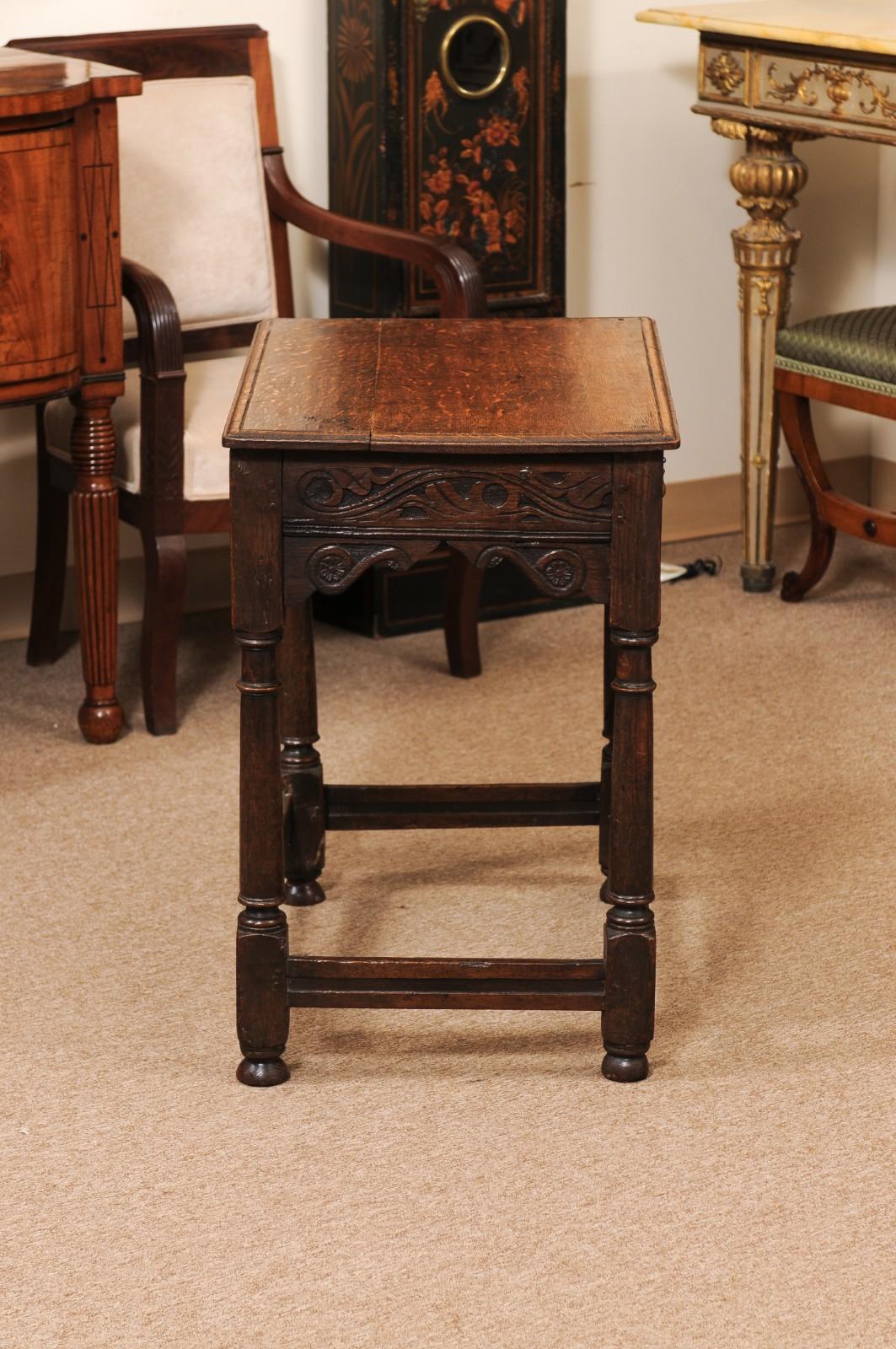 English 18th Century Oak Side Table with Carved detail, 2 Drawers and Box Stretc For Sale 2
