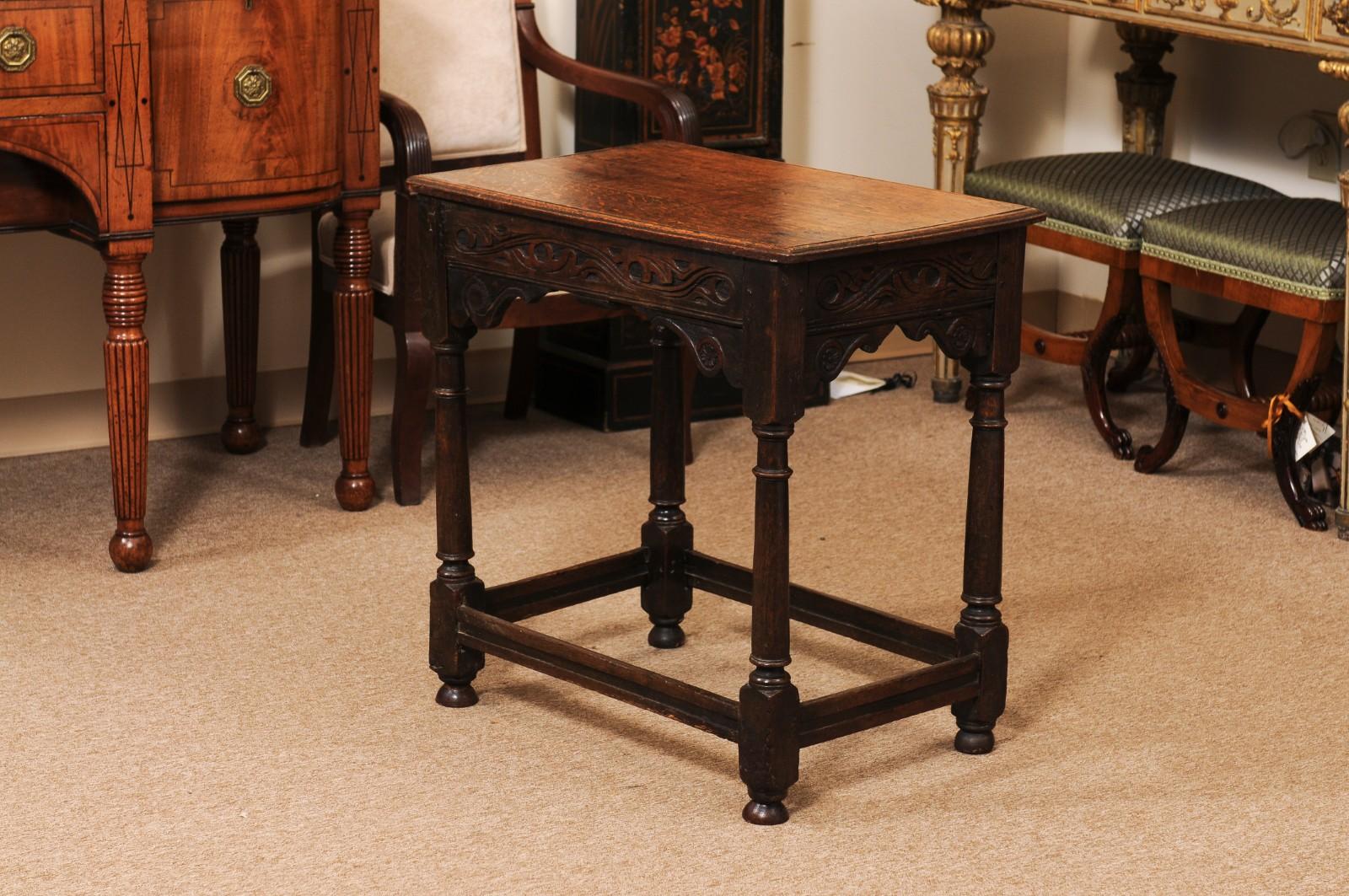 English 18th Century Oak Side Table with Carved detail, 2 Drawers and Box Stretc For Sale 3