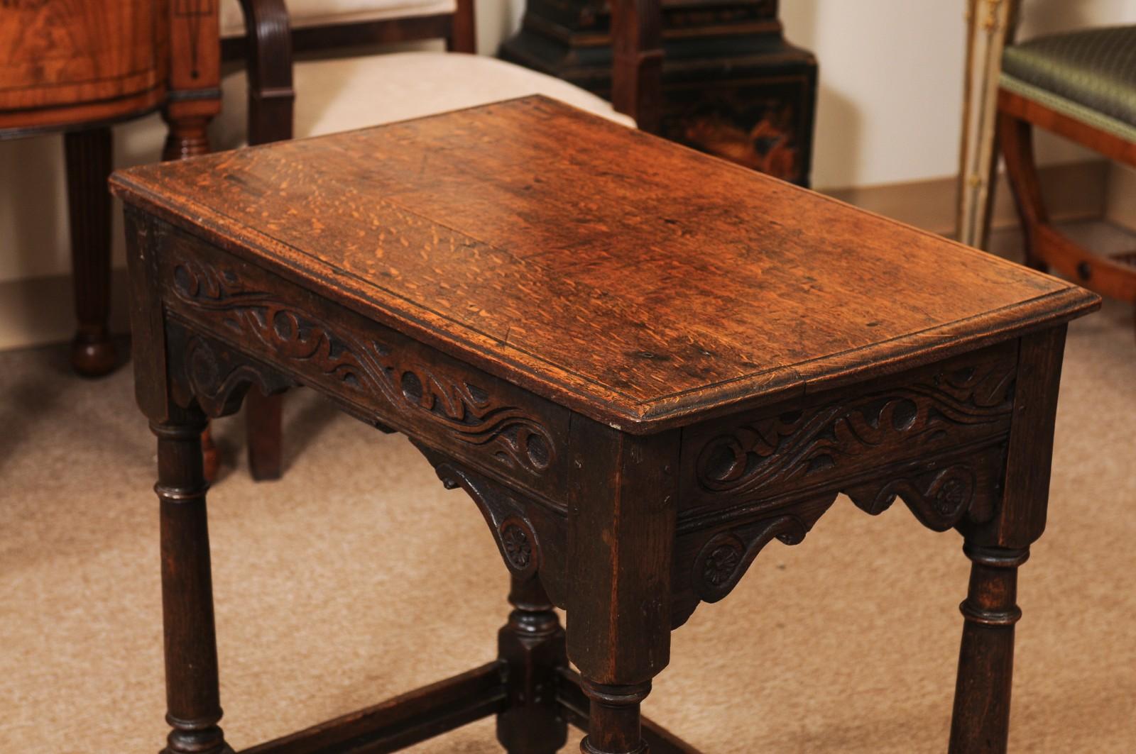 English 18th Century Oak Side Table with Carved detail, 2 Drawers and Box Stretc For Sale 4