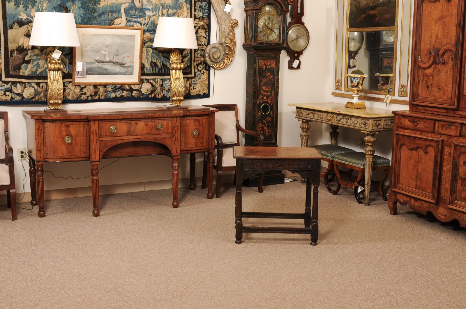 English 18th Century Oak Side Table with Carved detail, 2 Drawers and Box Stretc For Sale 5