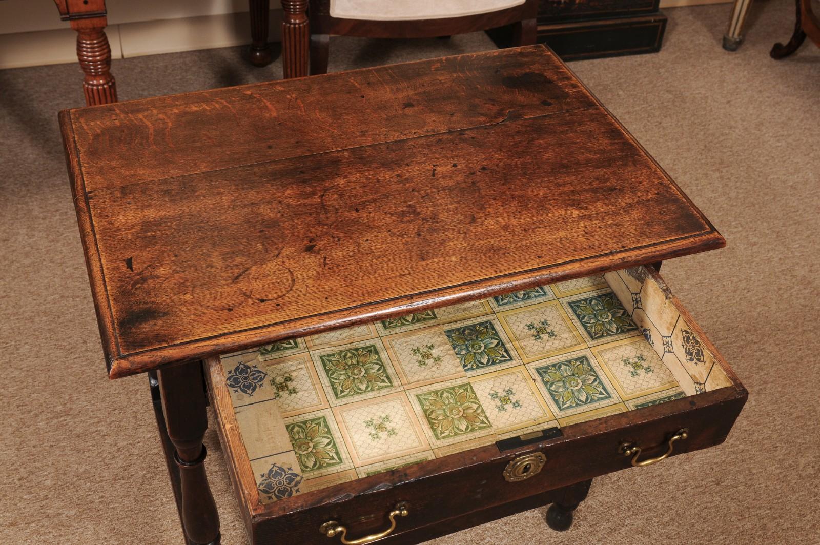 18th Century and Earlier English 18th Century Oak Side Table with Drawer and Box Stretcher For Sale