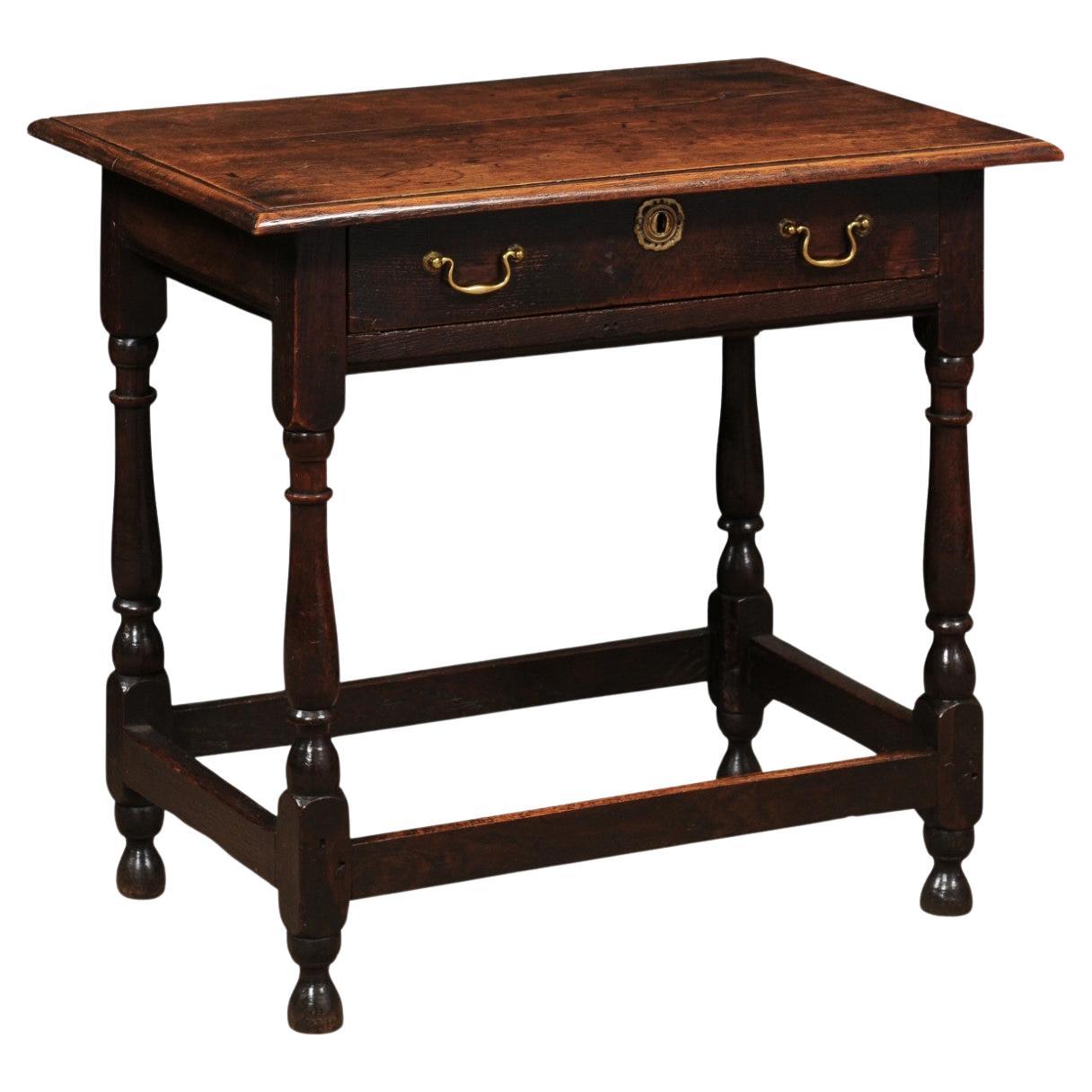 English 18th Century Oak Side Table with Drawer and Box Stretcher