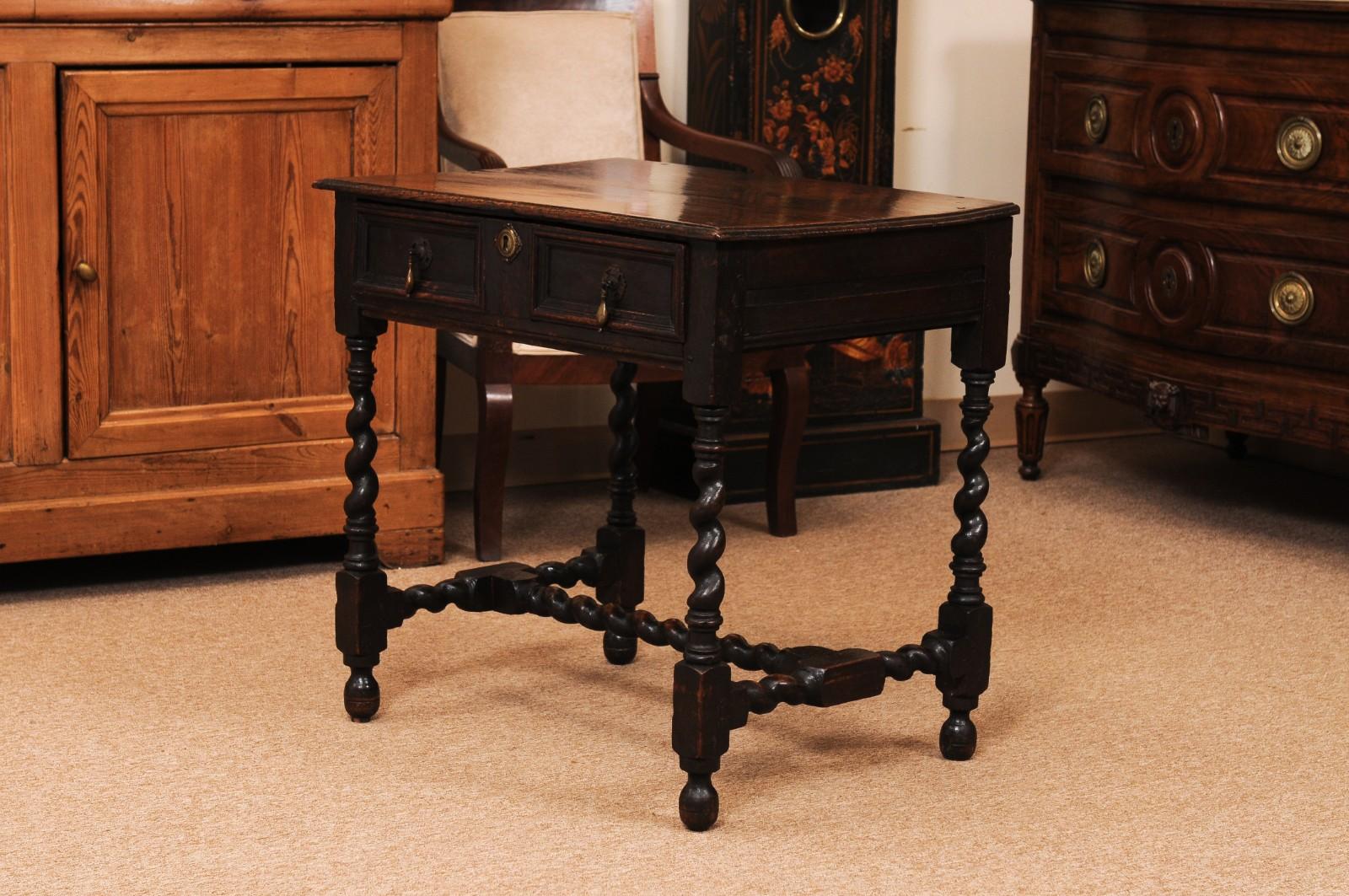 English 18th Century Oak Side Table with Drawer, Barley Twist Legs and Stretcher For Sale 9