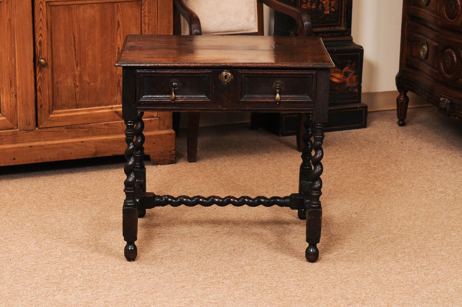 English 18th Century Oak Side Table with Drawer, Barley Twist Legs and Stretcher For Sale 10