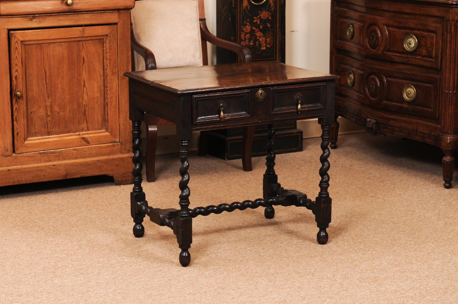 English 18th Century Oak Side Table with Drawer, Barley Twist Legs and Stretcher In Fair Condition For Sale In Atlanta, GA