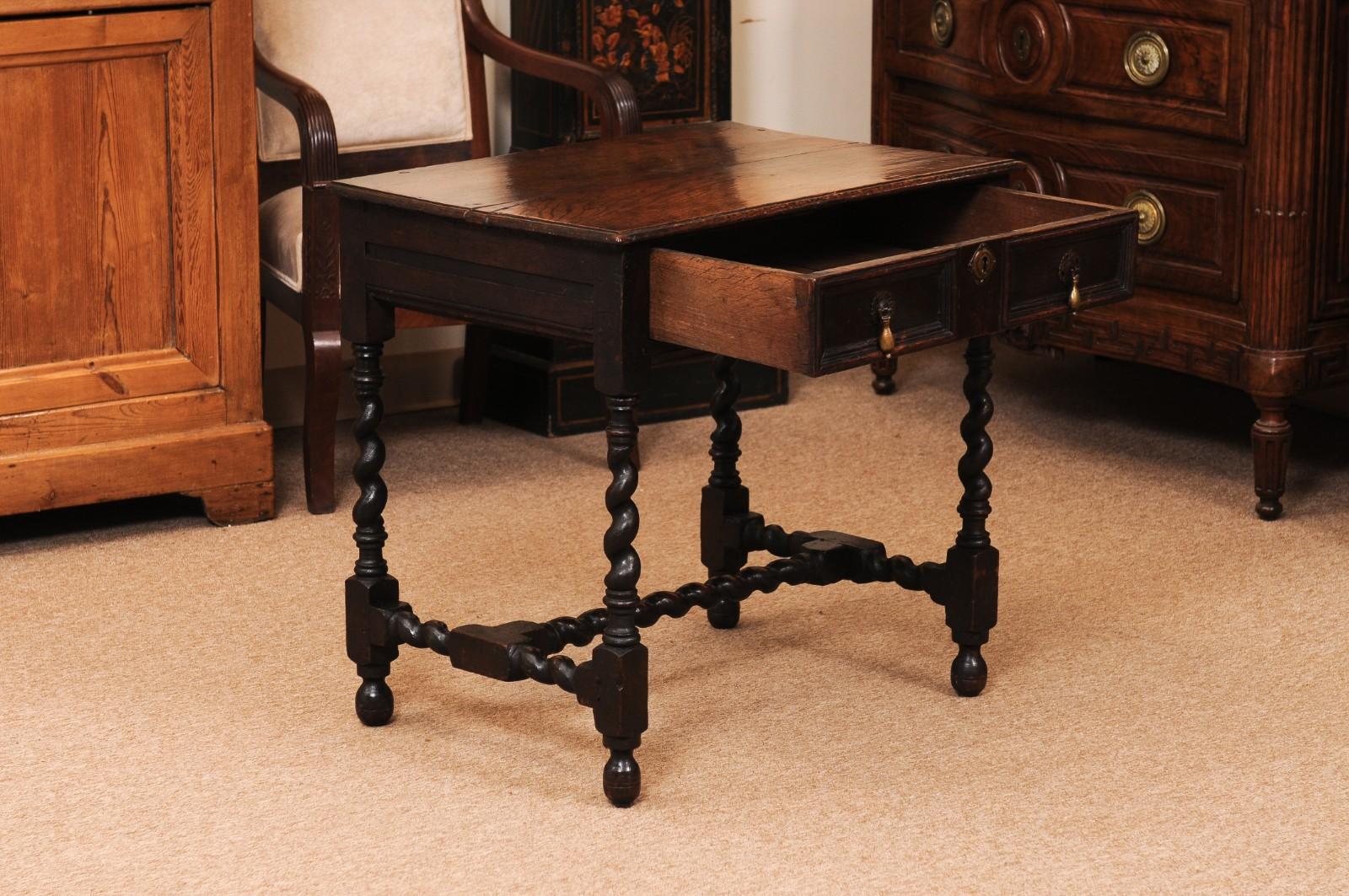 18th Century and Earlier English 18th Century Oak Side Table with Drawer, Barley Twist Legs and Stretcher For Sale