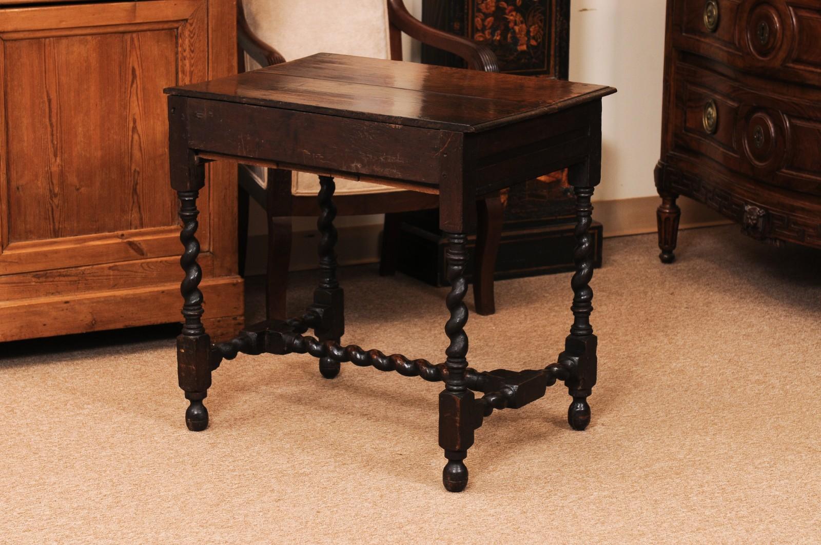 English 18th Century Oak Side Table with Drawer, Barley Twist Legs and Stretcher For Sale 4