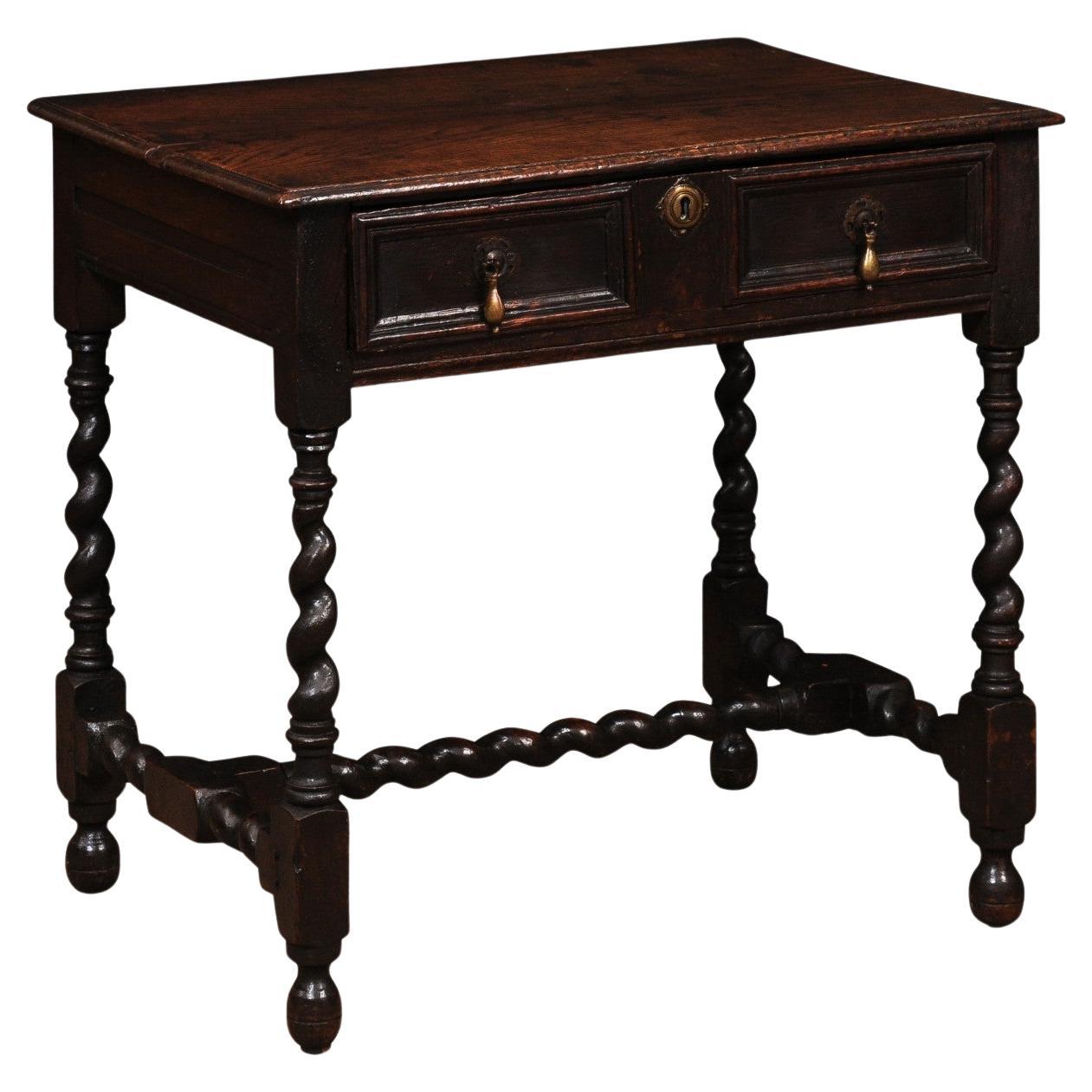 English 18th Century Oak Side Table with Drawer, Barley Twist Legs and Stretcher For Sale