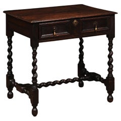Antique English 18th Century Oak Side Table with Drawer, Barley Twist Legs and Stretcher