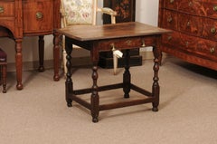 English 18th Century Oak Side Table with Drawer, Turned Legs and Box Stretcher