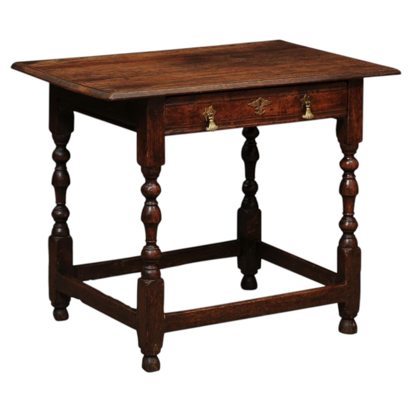 English 18th Century Oak Side Table with Drawer, Turned Legs and Box Stretcher