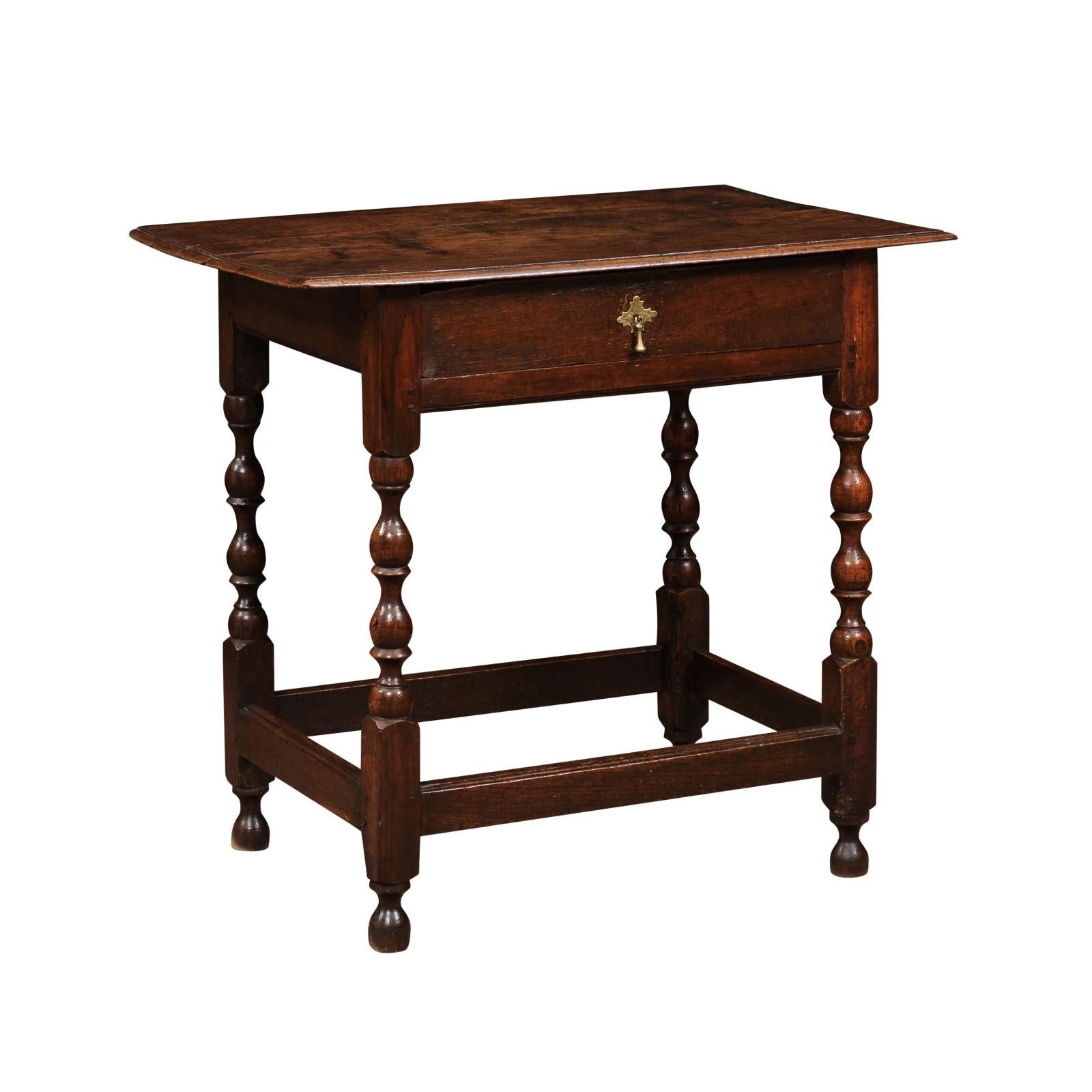 English 18th Century Oak Side Table with Turned Legs, 1 Drawer and Box ...