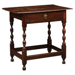 English 18th Century Oak Side Table with Turned Legs, 1 Drawer & Box Stretcher