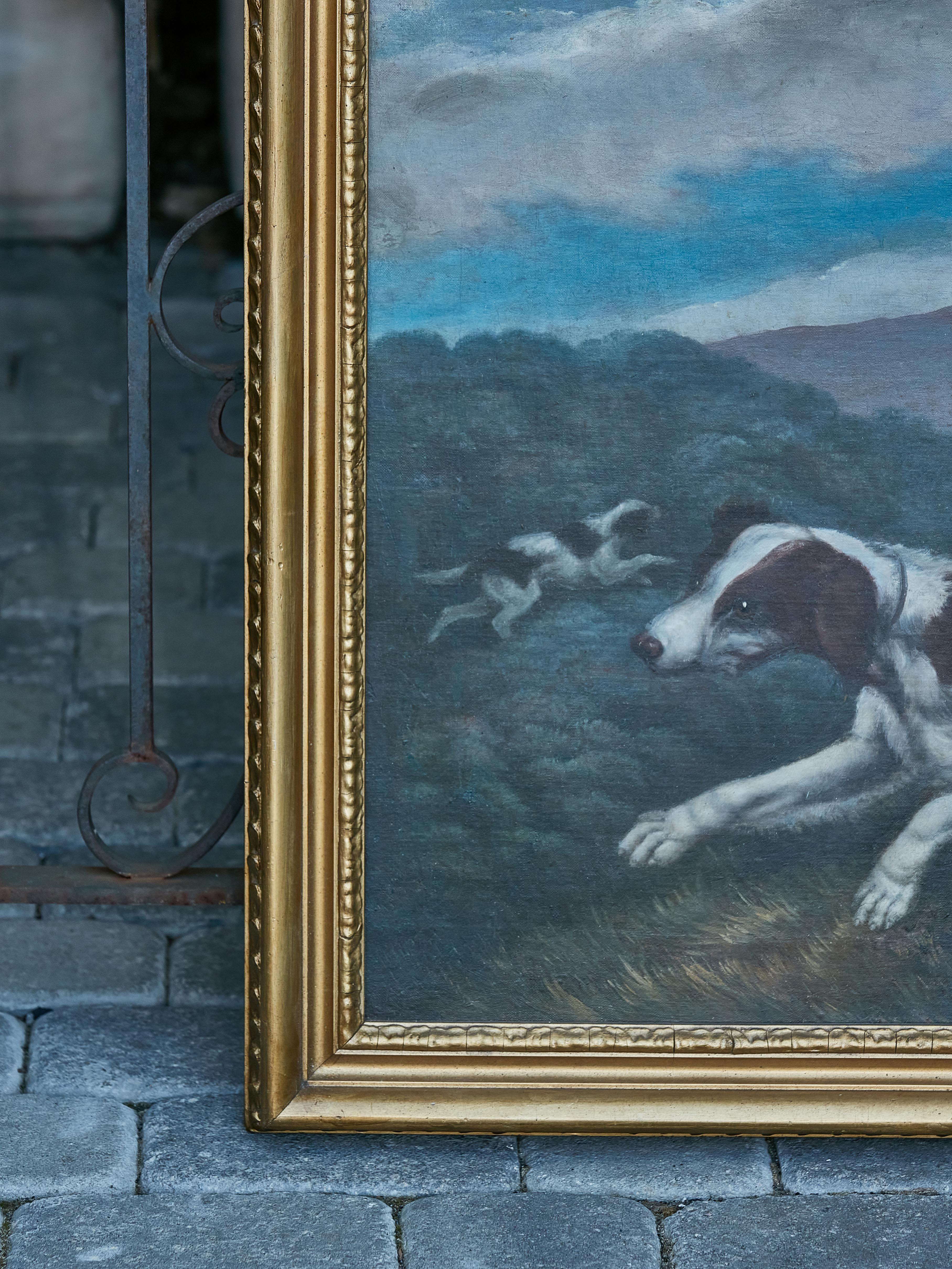 English 18th Century Oil on Canvas Hunting Dog Painting in Carved Giltwood Frame For Sale 1
