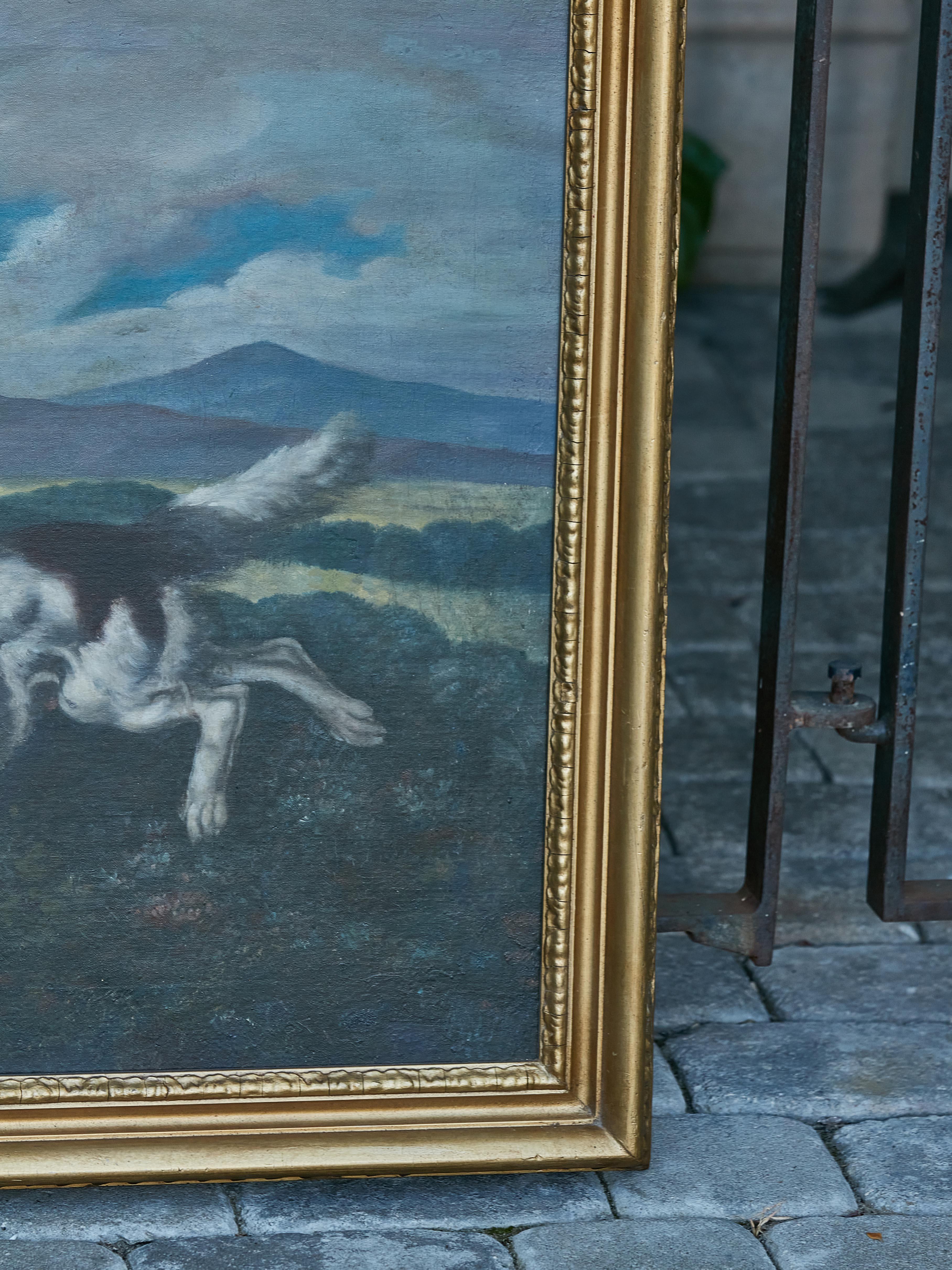 English 18th Century Oil on Canvas Hunting Dog Painting in Carved Giltwood Frame For Sale 2