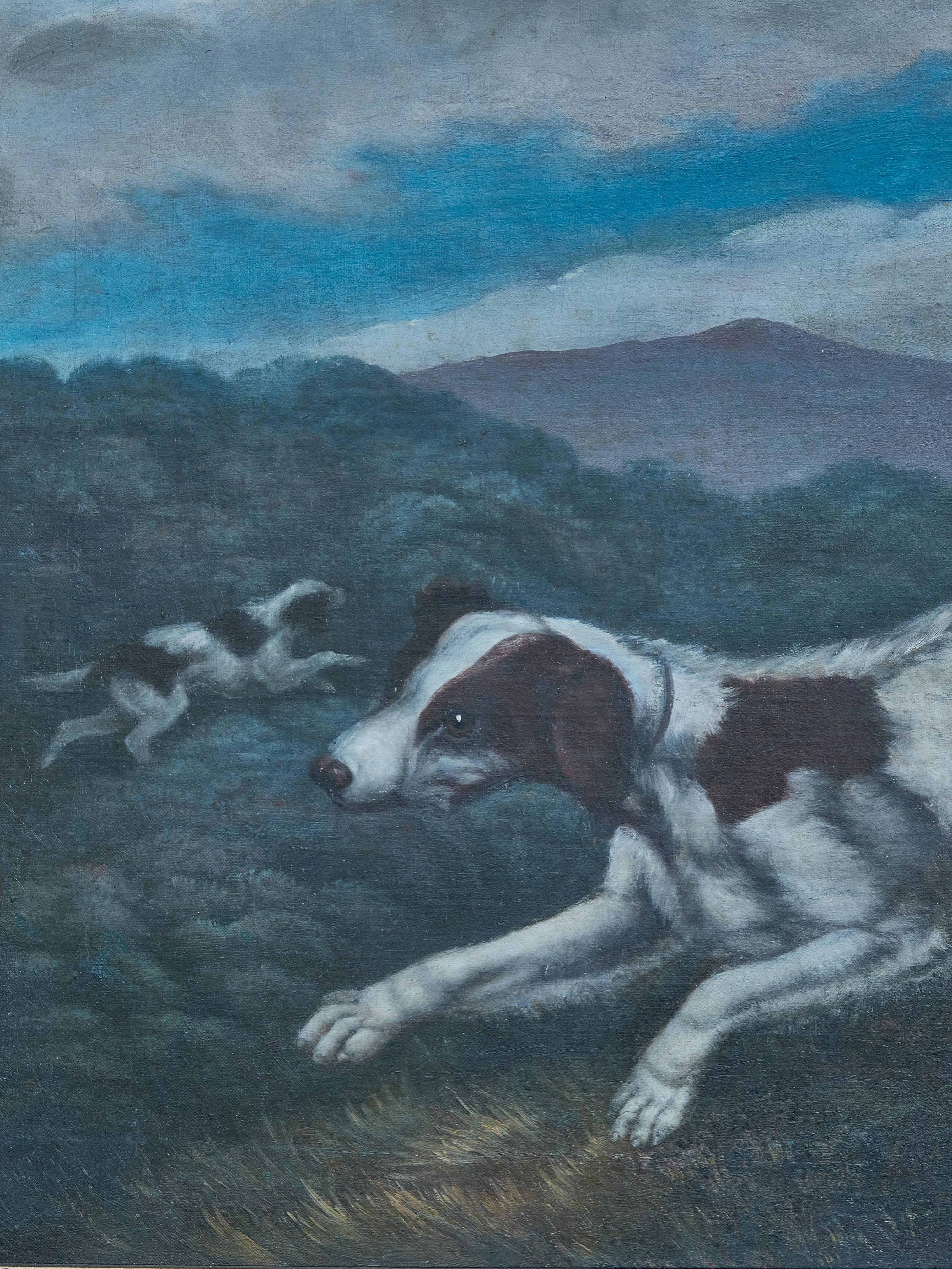 English 18th Century Oil on Canvas Hunting Dog Painting in Carved Giltwood Frame For Sale 4