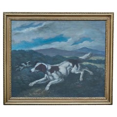Antique English 18th Century Oil on Canvas Hunting Dog Painting in Carved Giltwood Frame
