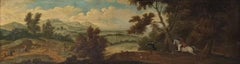 18th Century Oil Stag Hunt with Huntsmen, Hounds & Riders in Woodland Landscape