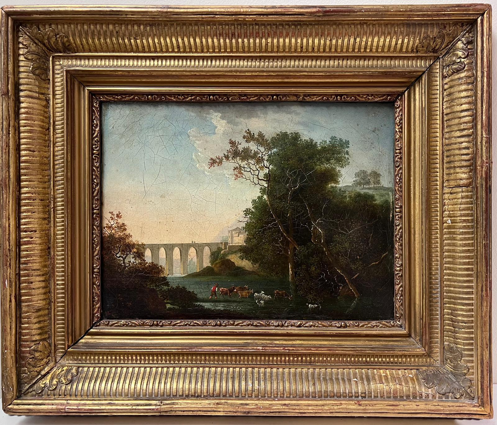 Shepherd with Animals in Classical Landscape
English School, 18th century
most likely a Grand Tour work
oil painting on canvas, framed
framed: 17.5 x 20.5 inches
canvas: 10 x 12.5 inches
provenance: private collection, UK
condition: very good and