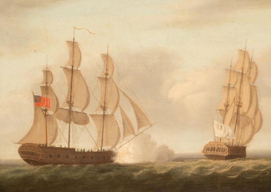 English 18th Century Landscape Painting - Fine 18th Century British Marine Oil Painting Naval Engagement Battle Scene