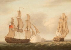 Fine 18th Century British Marine Oil Painting Naval Engagement Battle Scene