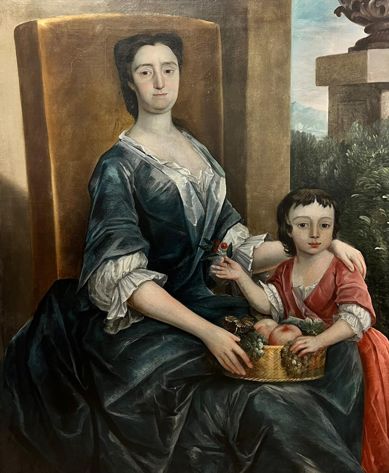 Portrait Painting English 18th Century - Grand portrait de mère et enfant de style aristocrate anglais du 18ème siècle, huile