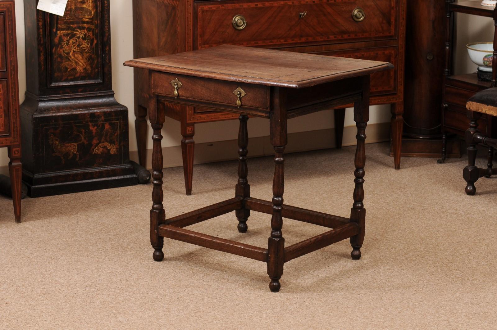 English 18th century Side Table with 1 Drawer, Turned Legs & Box Stretcher 9