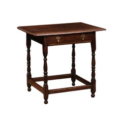English 18th century Side Table with 1 Drawer, Turned Legs & Box Stretcher