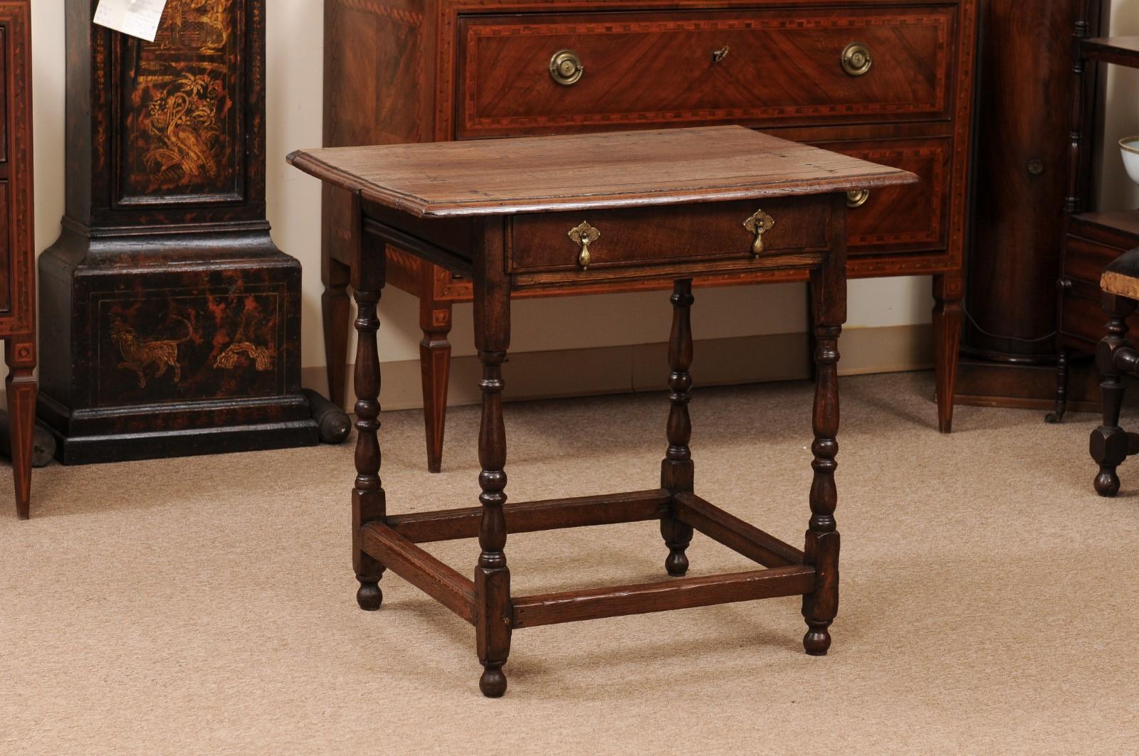 18th Century and Earlier English 18th century Side Table with 1 Drawer, Turned Legs & Box Stretcher